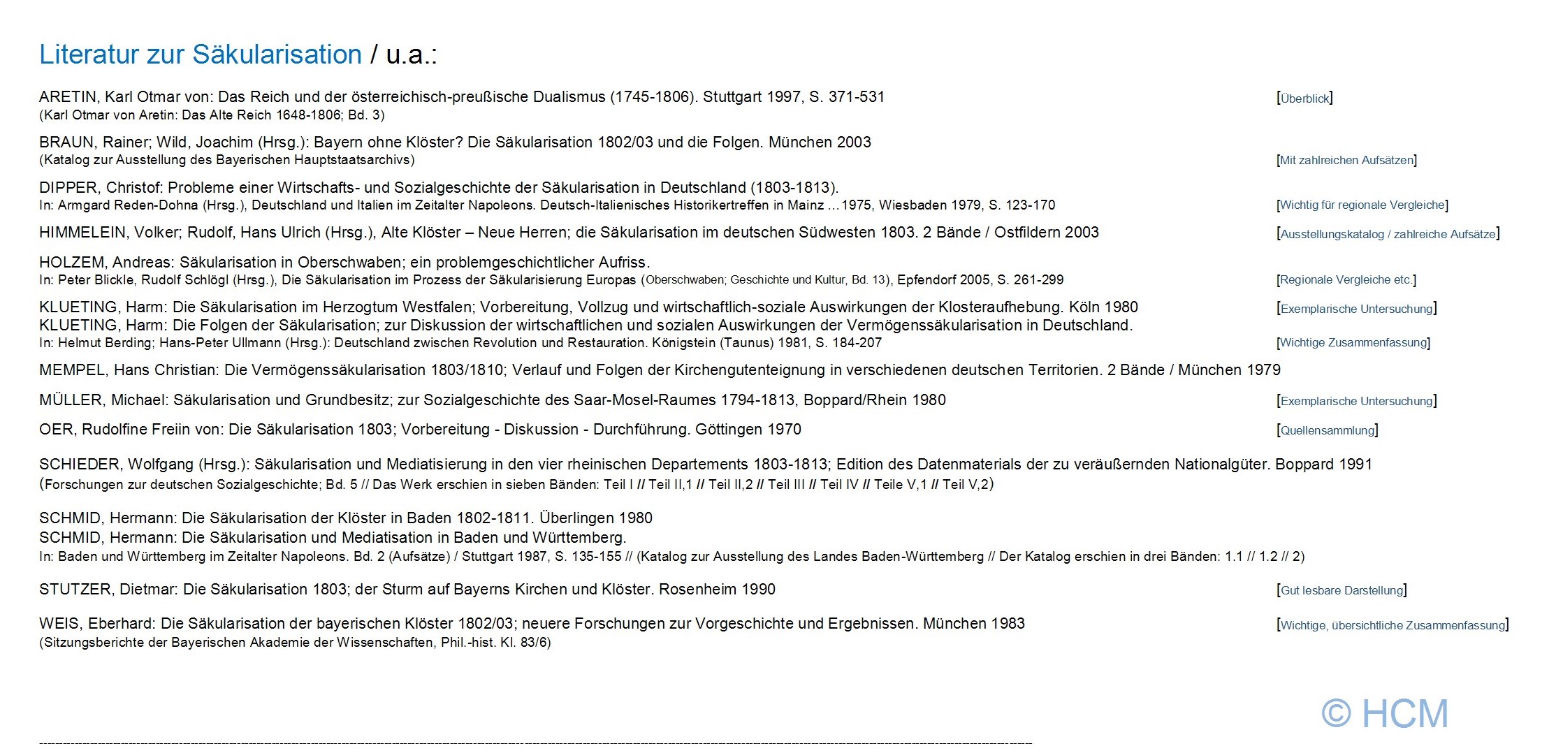 saekularisation, mitteleuropa, literatur, hrr